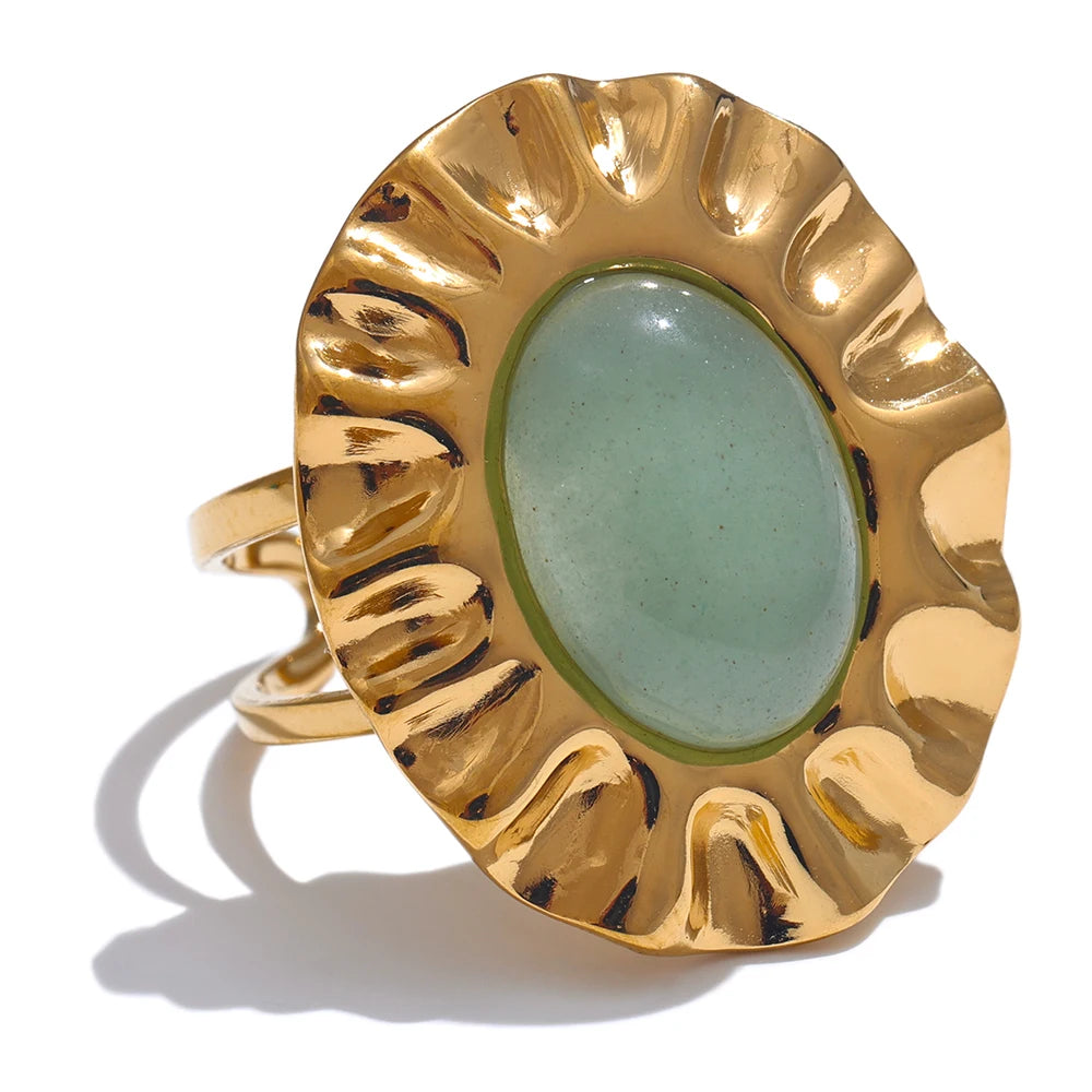 Yhpup Green Natural Stone Fashion Open Ring Adjustable Stainless Steel Golden Geometric Daily Statement Jewelry Accessories Gift