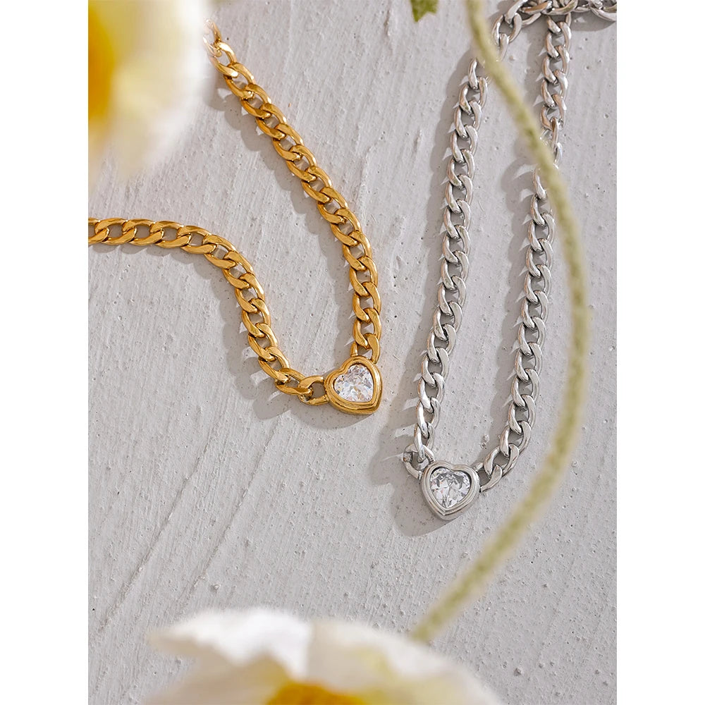 Yhpup Stainless Steel Golden Chain Link Heart Bling Zirconia Pendant Necklace 18K PVD Plated Waterproof Fashion Jewelry Unisex