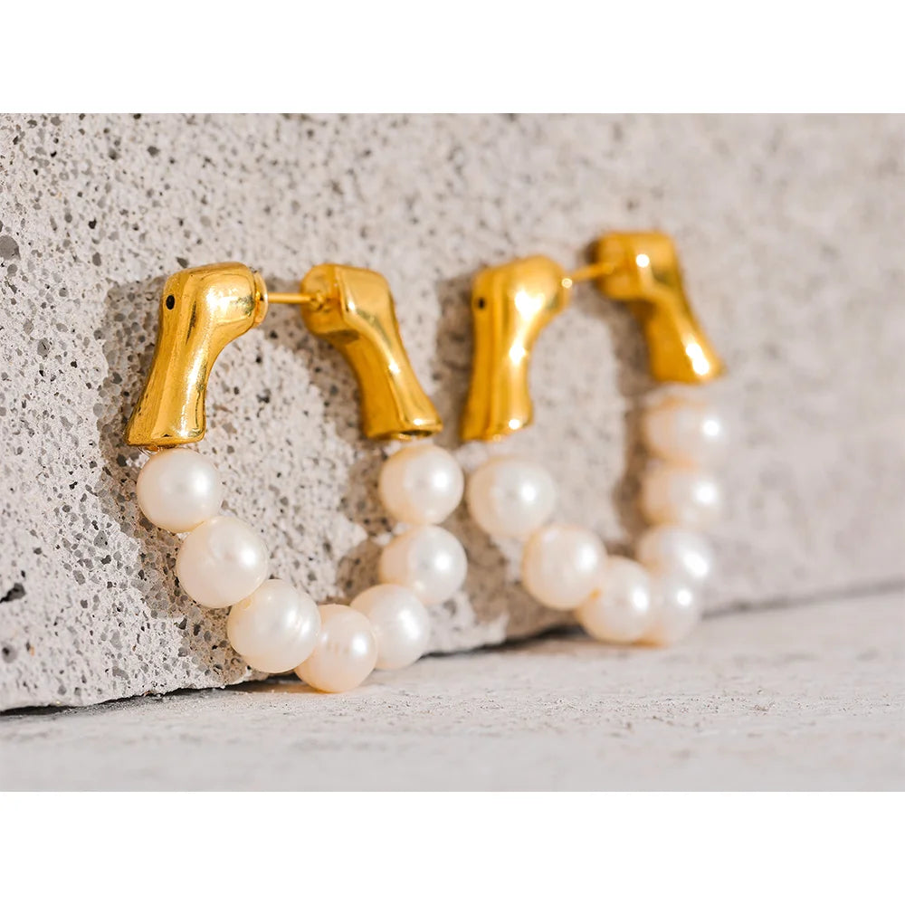 Yhpup Luxury Natural Freshwater Pearls Stainless Steel Handmade Hoop Earrings for Women 18K Gold Color Fashion Chic Jewelry Gift