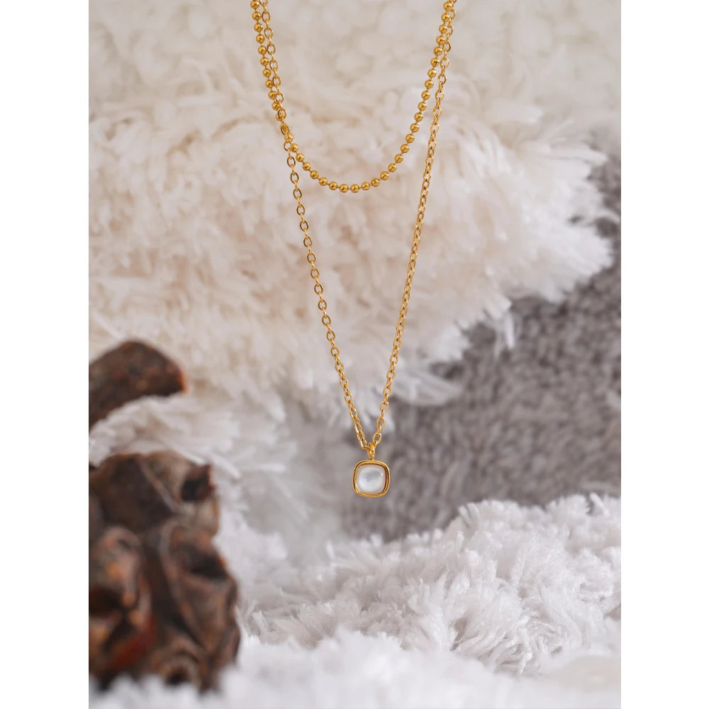 Yhpup Fashion Stainless Steel Layered Chain Overlay Natural Stone Exquisite Square Pendant Necklace Rust Proof Jewelry Gift