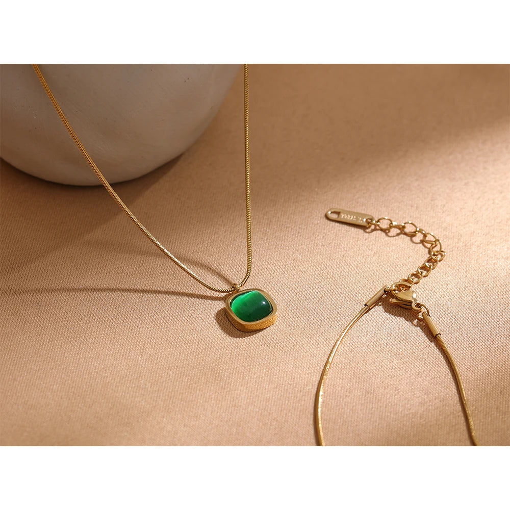 Yhpup Square Green Opal Stone Pendant Drop Dangle Necklace for Women Charm Jewelry Minimalist Geometric Stainless Steel Necklace
