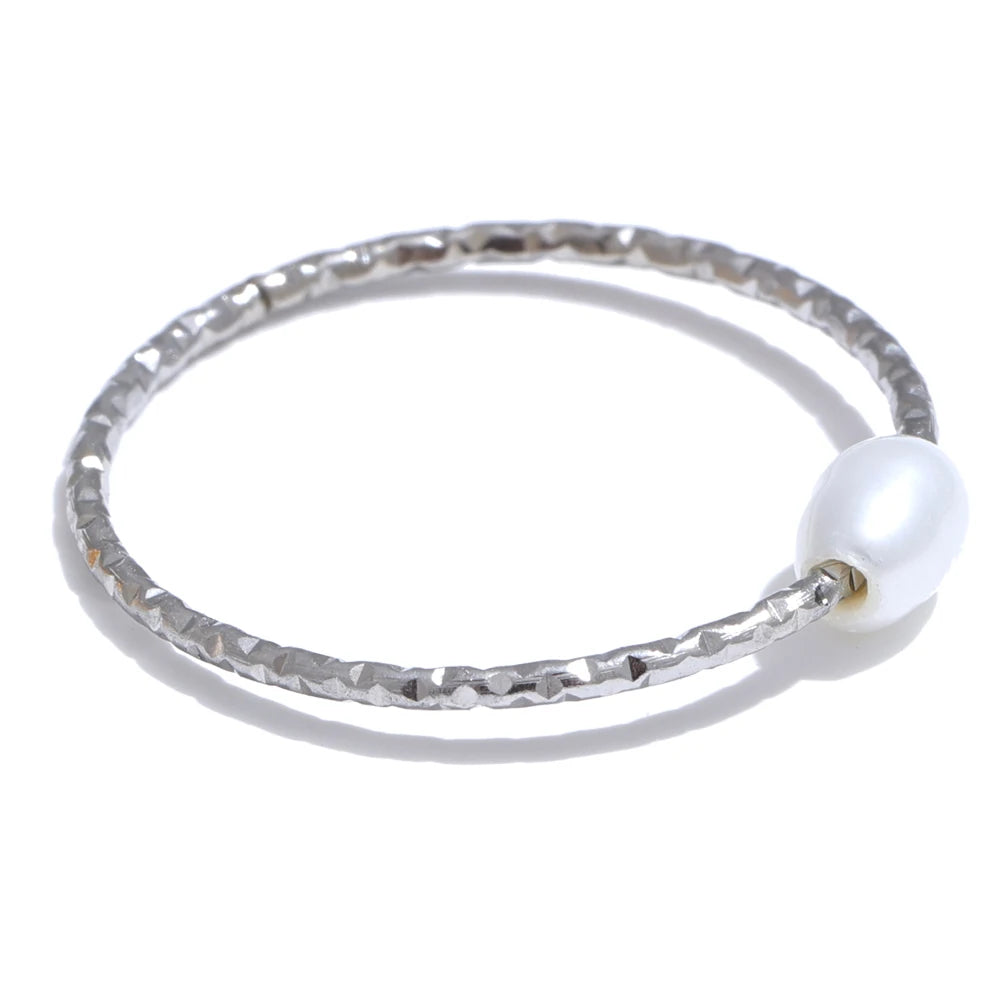 Yhpup Trendy Stainless Steel Natural Pearl Thin Finger Ring for Women Summer Versatile Daily Jewelry Accessories Gift