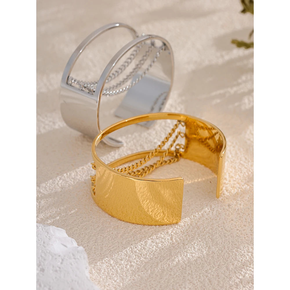 Yhpup Statement Stainless Steel Hollow Chain Wide Adjustable Bracelet Bangle Waterproof Gold Color High Quality Jewelry New