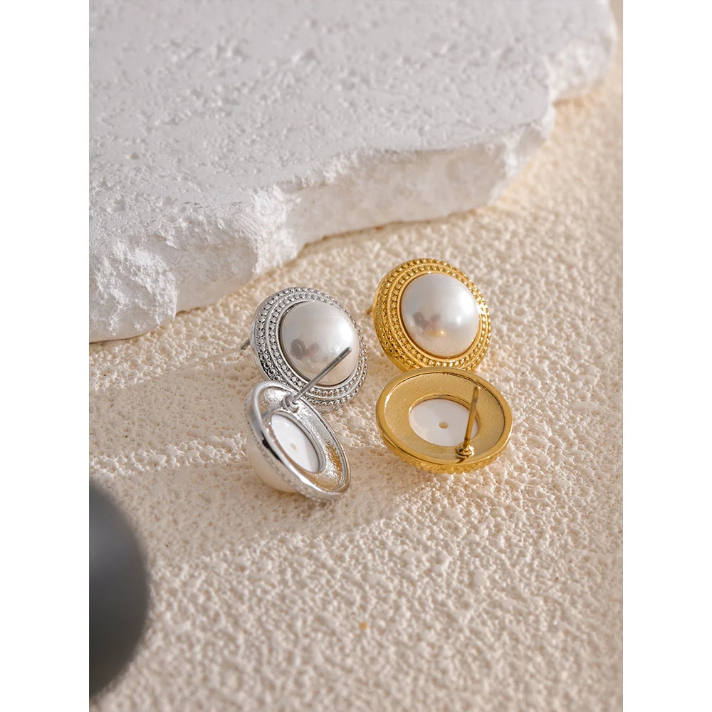 Yhpup Korean Imitation Pearls Round Stud Earrings Anti Allergic Elegant Classic Daily Fashion Gold & Platinum PVD Plated Jewelry