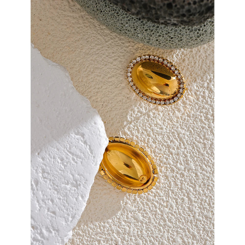 Yhpup Shiny Cubic Zirconia Smooth Metal Oval Stud Earrings 316L Stainless Steel Fashion Jewelry Prevent Allergy