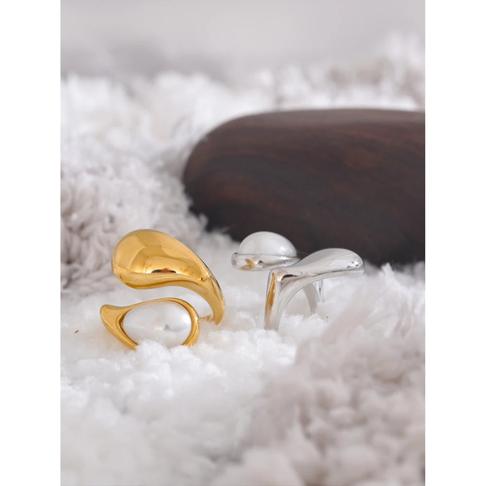 Yhpup Fashion Imitation Pearl Water Drop Finger Adjustable Ring Women 316L Stainless Steel Elegant Gold Platinum Plated Jewelry