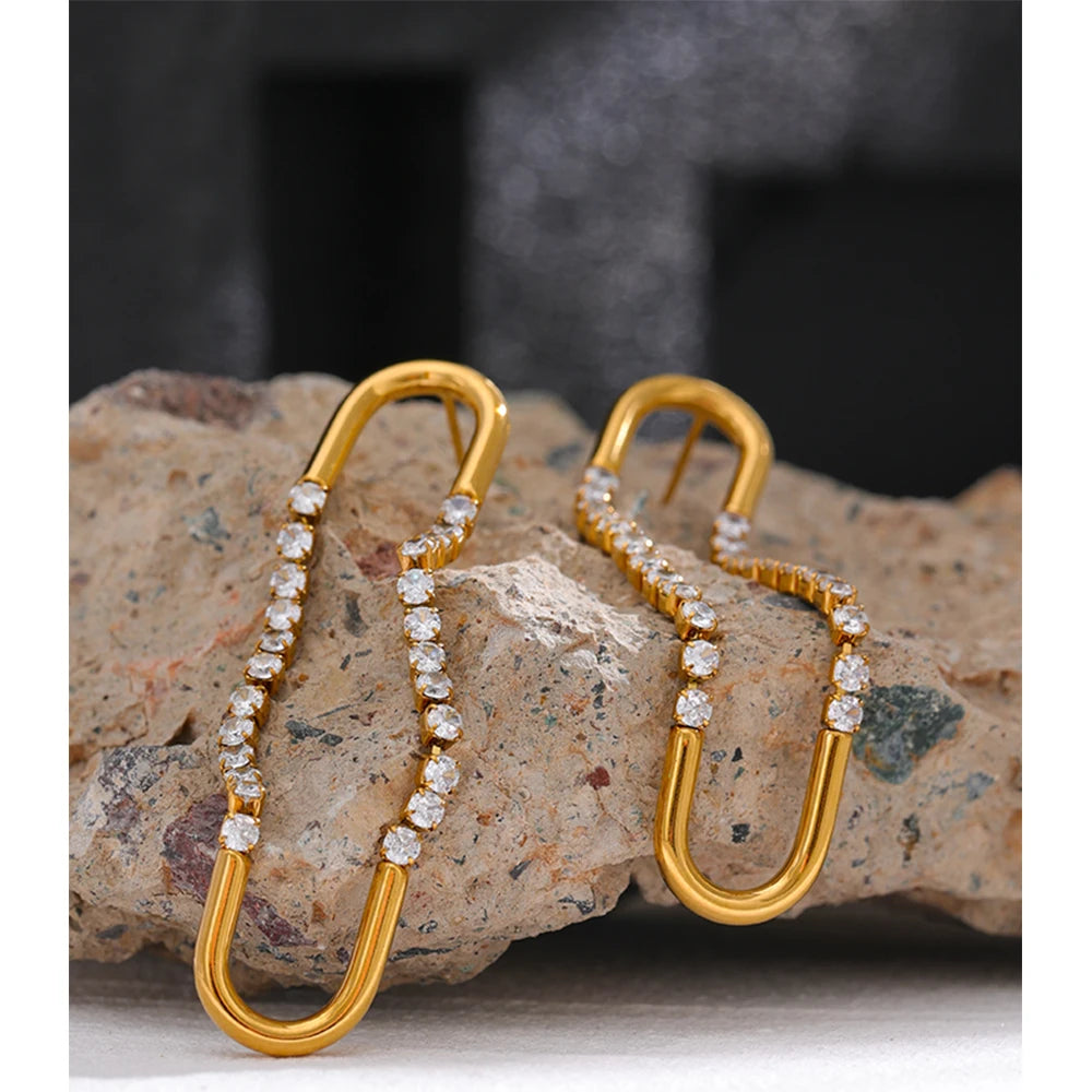 Yhpup Cubic Zirconia Temperament Earrings Stainless Steel Luxury Long Drop Earrings For Women Party Jewelry