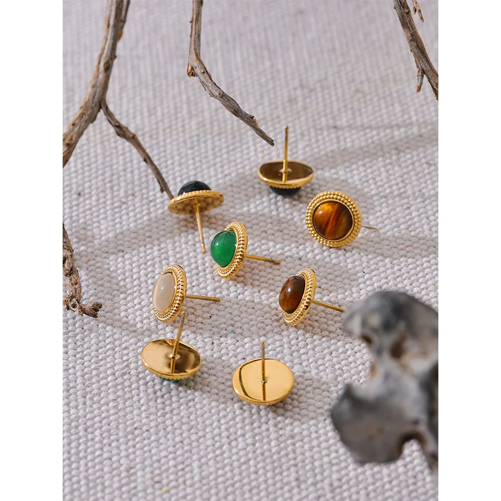 Yhpup Exquisite Natural Stone Stainless Steel Round Small Stud Earrings Waterproof Trendy High Quality Daily Jewelry Bijoux