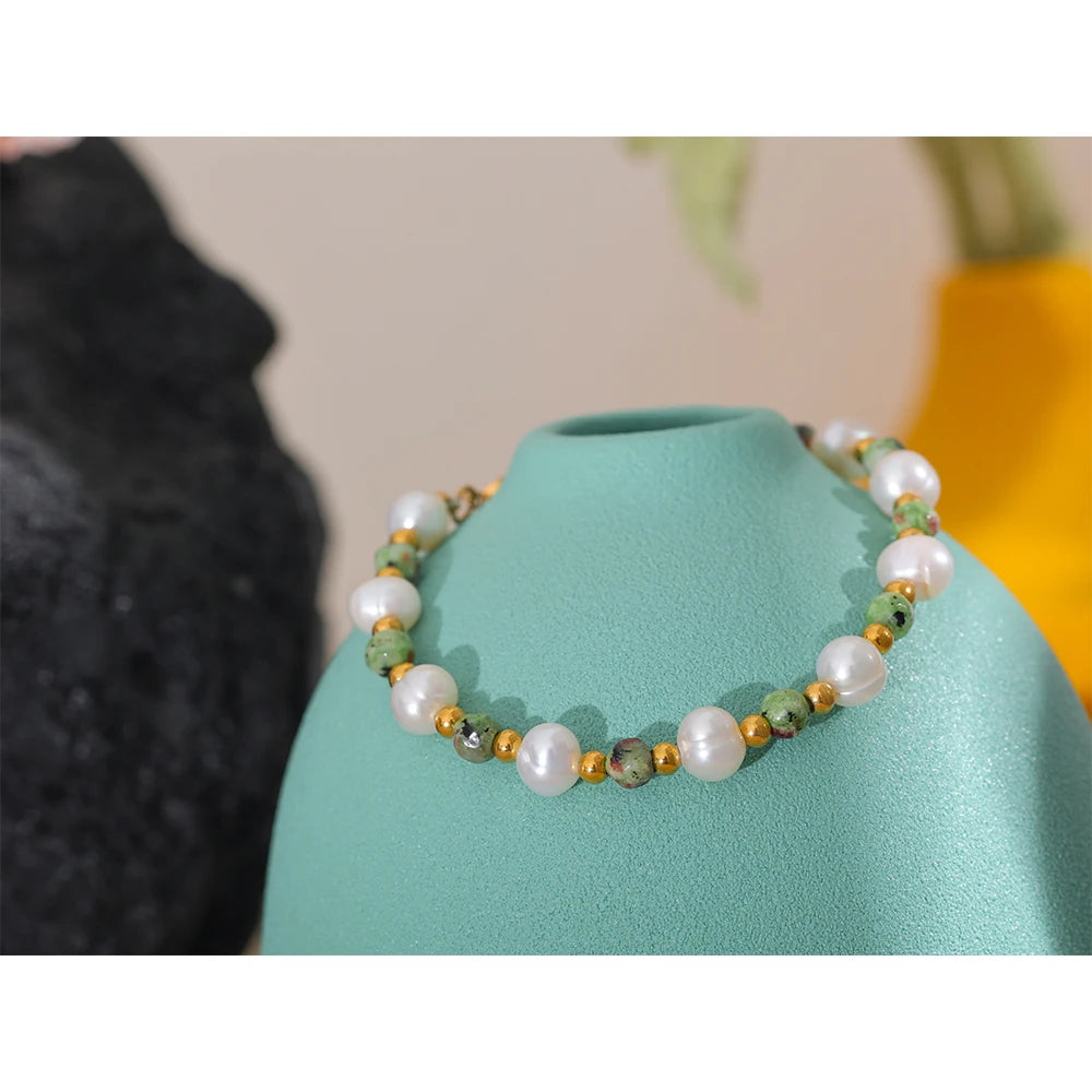 Yhpup Natural Stone Freshwater Pearls Fashion Handmade Stainless Steel Charm Jewelry Bracelet Bangle for Women Gift Waterproof