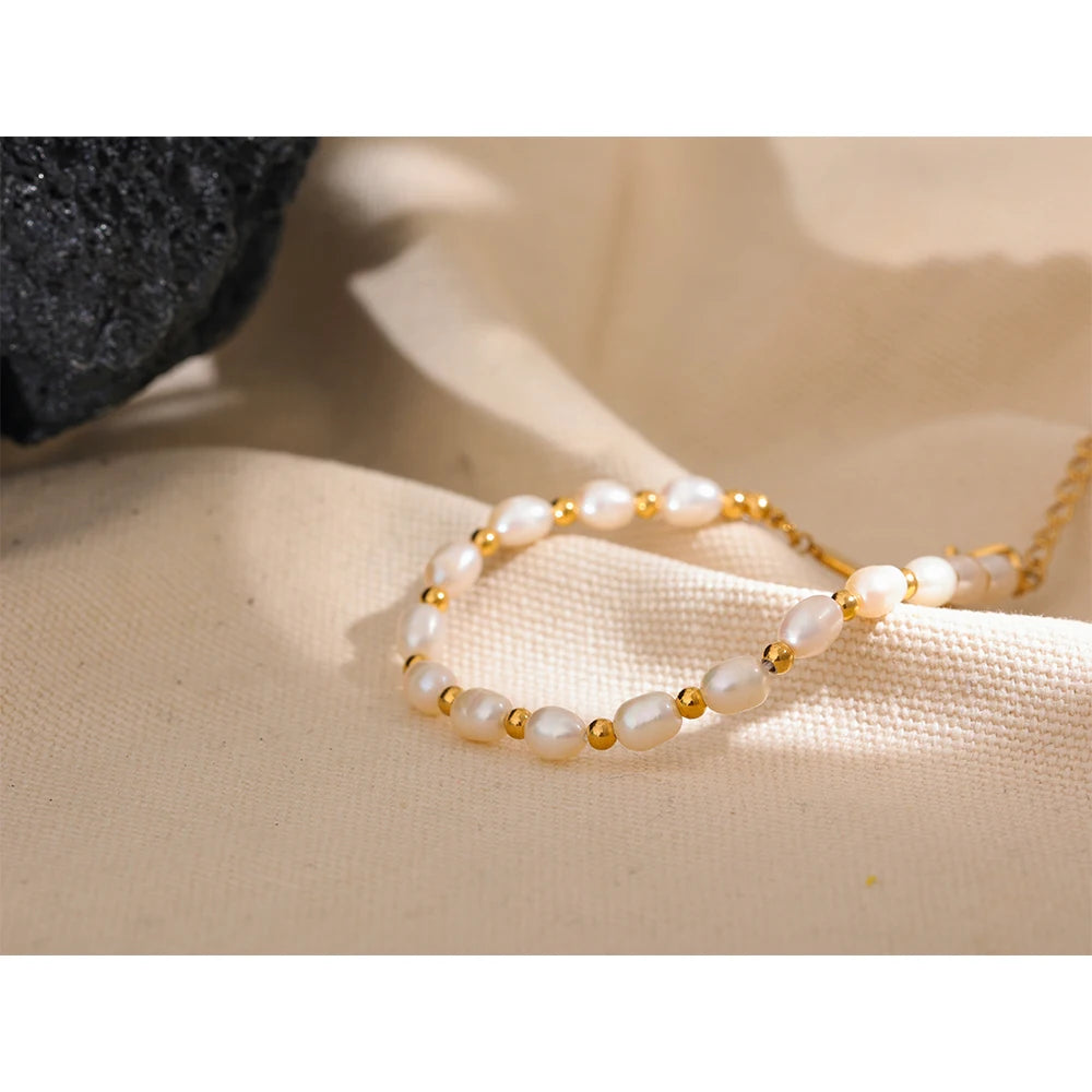 Yhpup Natural Freshwater Pearls Fashion Handmade Bracelet Bangle Women Waterproof PVD Charms Stainless Steel Beads Jewelry Gift