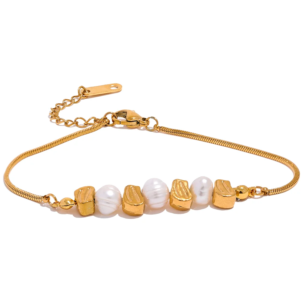 Yhpup Natural Freshwater Pearl Stainless Steel Beads Chain Necklace Bracelet Bangle Gold Color Vintage Handmade Jewelry Women