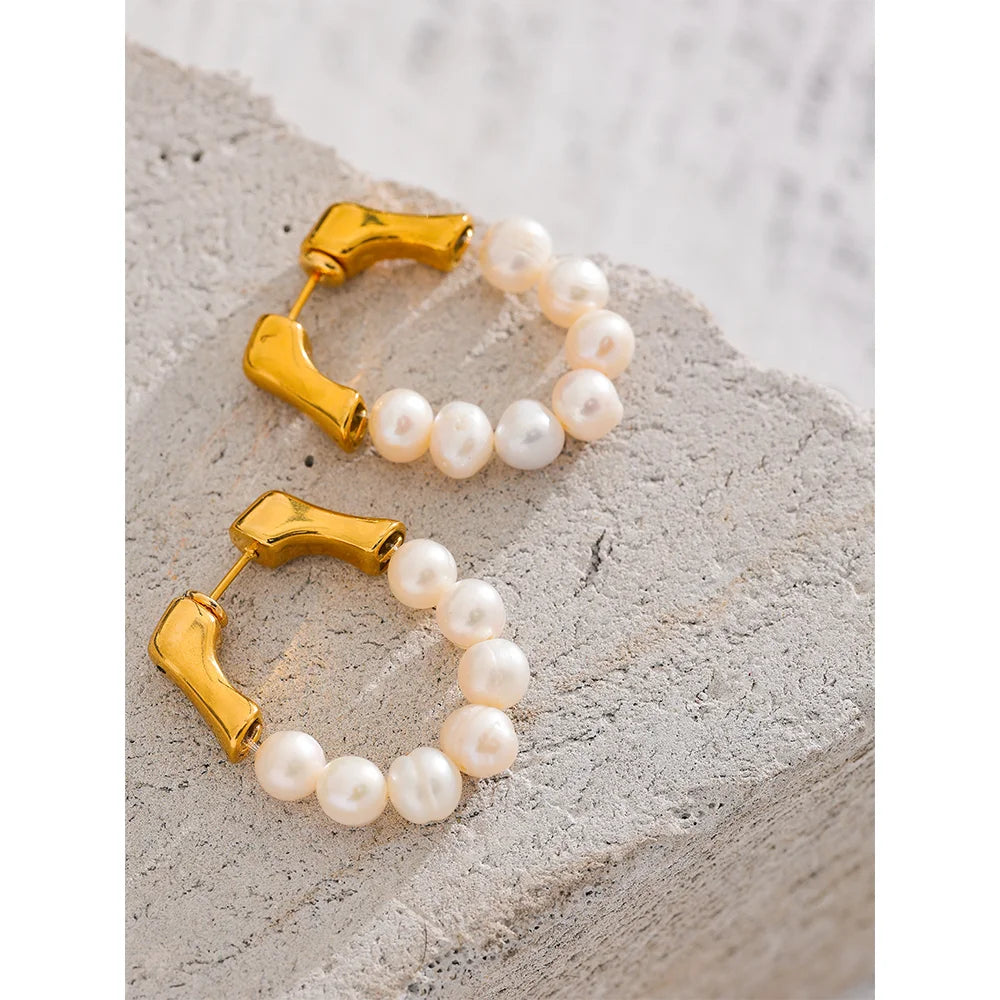 Yhpup Luxury Natural Freshwater Pearls Stainless Steel Handmade Hoop Earrings for Women 18K Gold Color Fashion Chic Jewelry Gift