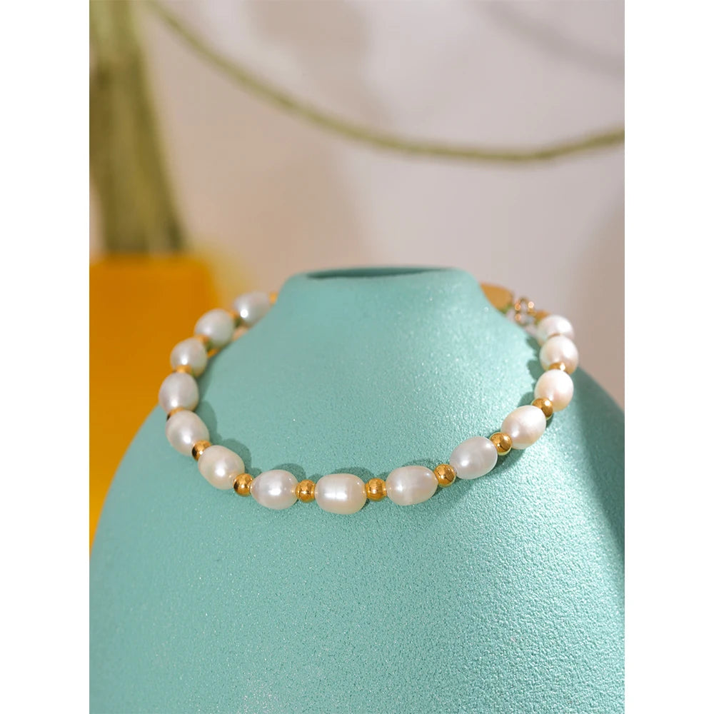 Yhpup Natural Freshwater Pearls Fashion Handmade Bracelet Bangle Women Waterproof PVD Charms Stainless Steel Beads Jewelry Gift