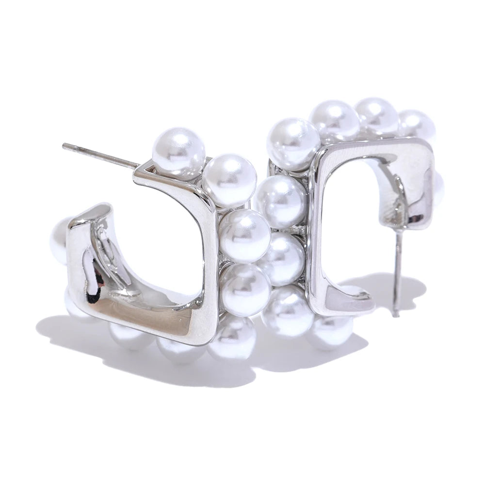 Yhpup Fashion Imitation Pearls 316L Stainless Steel Square Geometric Huggie Earrings Exquisite Korean Jewelry серьги тренд