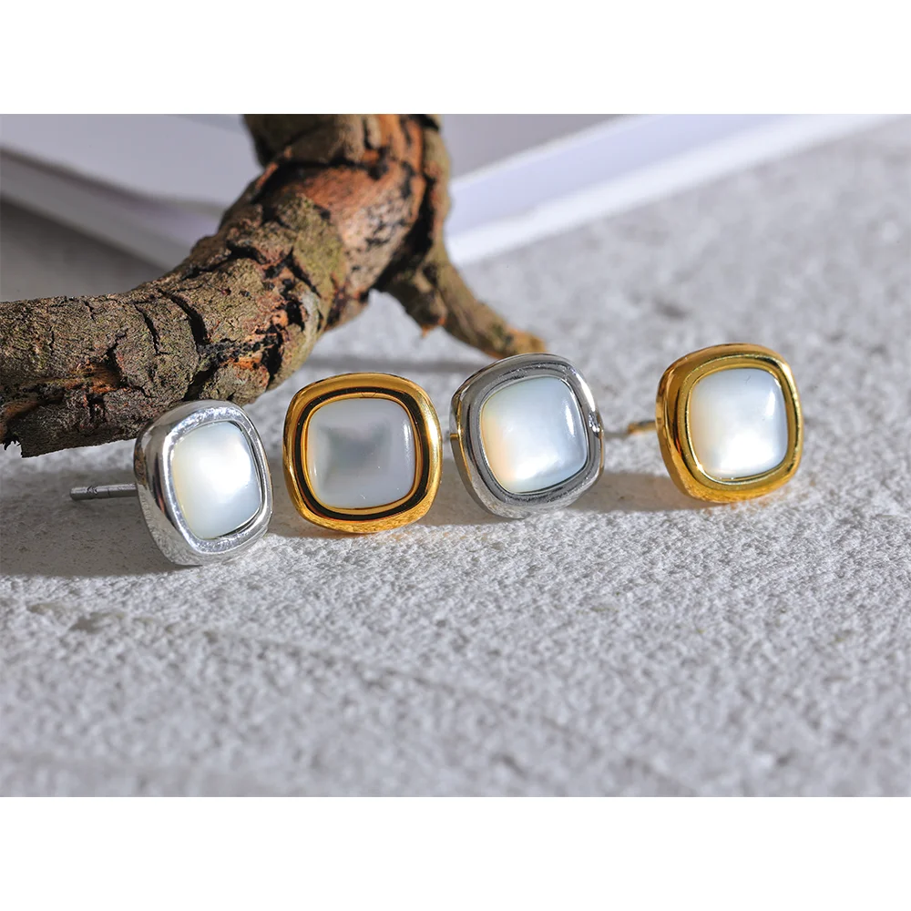 Yhpup 316l Stainless Steel Square Natural Shell Small Chic Stud Earrings Stylish Exquisite Daily Female Jewelry Accessories Gift