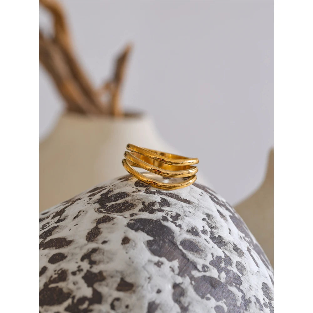 Yhpup 678# Distinctive Stainless Steel Metal Geometric Layered Hollow Golden Ring Charm Trendy Daily Jewelry Accessories