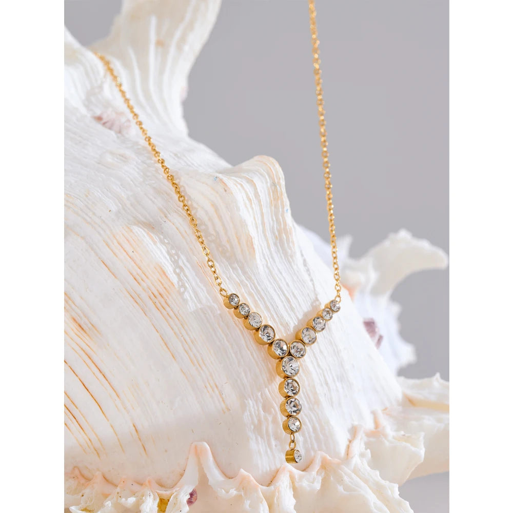 Yhpup Waterproof Exquisite Bling Cubic Zirconia Y-Shape Chic Necklace Pendant Stainless Steel Luxury Jewelry Delicate Gift