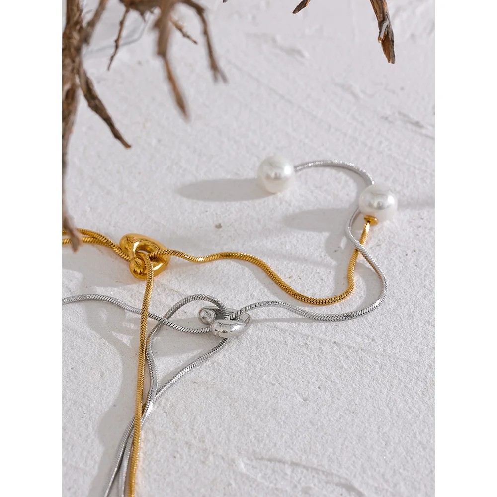 Yhpup 316l Stainless Steel Long Chain Heart Pendant Passed Chest Necklace Imitation Pearls Fashion Gold Silver Color Jewelry
