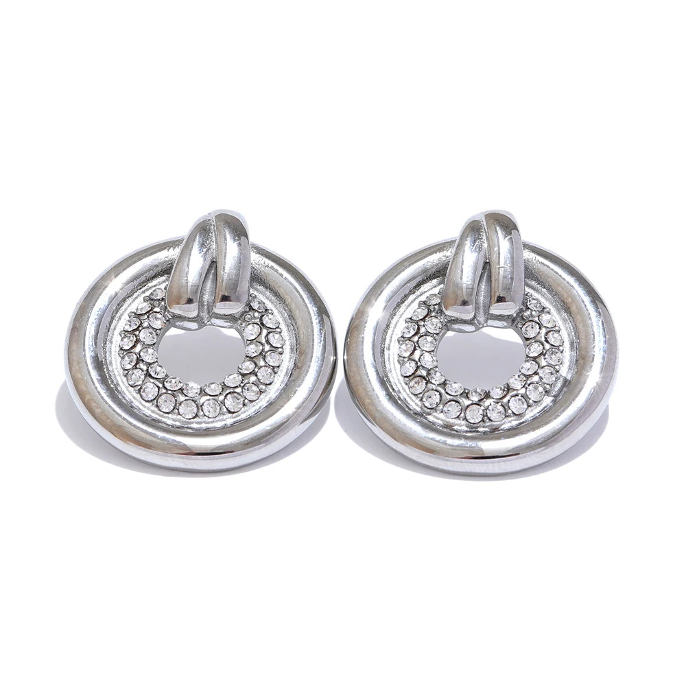 Yhpup Popular Cubic Zirconia Stainless Steel Metal Round Hollow Daily Stud Earrings Tarnish Resistant Fashion Jewelry Bijoux