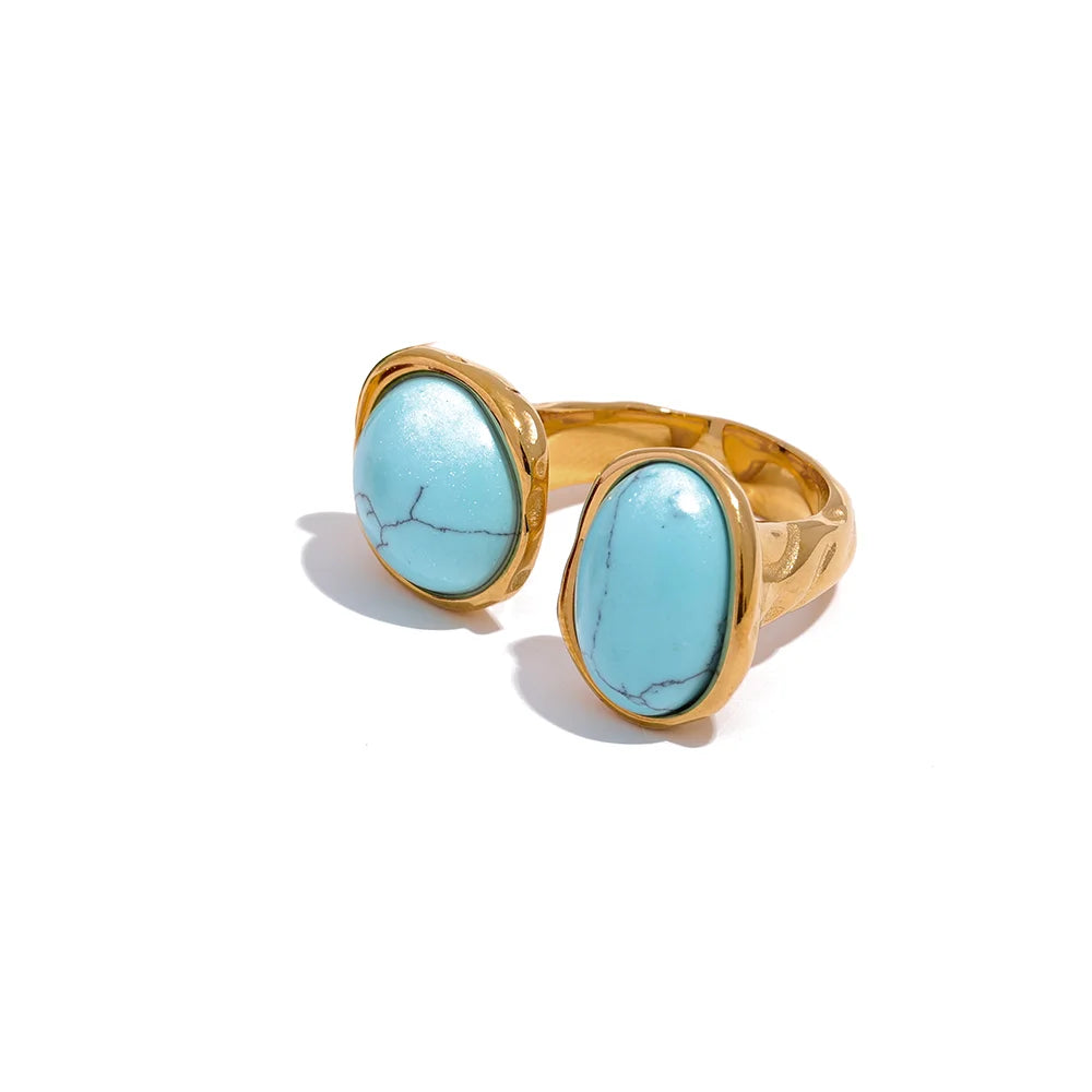 Yhpup Size 7 Vintage France Natural Stone Stainless Steel Cast Geometric Big Ring Women Fashion Charm Golden Personality Jewelry