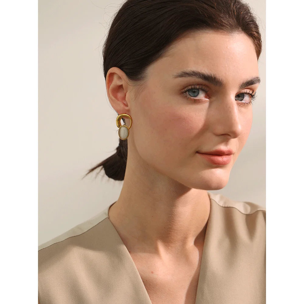 Yhpup Fashion Natural Stone Golden Stud Earrings for Women Stainless Steel Versatile Daily Korean Waterproof Jewelry Bijoux