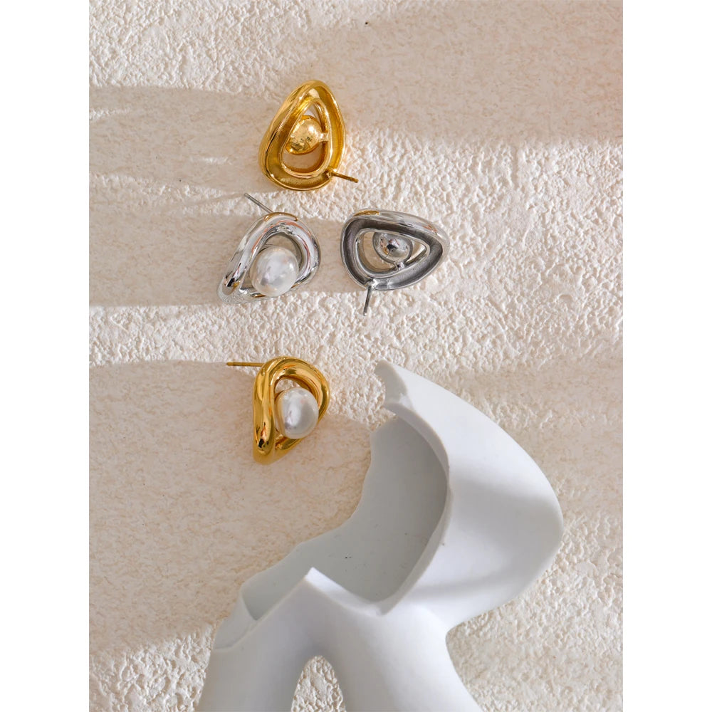 Yhpup Fashion Stainless Steel Simulated Pearls Hollow Oval Geometric Stud Earrings Prevent Allergy Metal Arrival Jewelry Daily