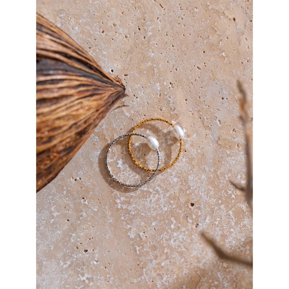 Yhpup Trendy Stainless Steel Natural Pearl Thin Finger Ring for Women Summer Versatile Daily Jewelry Accessories Gift