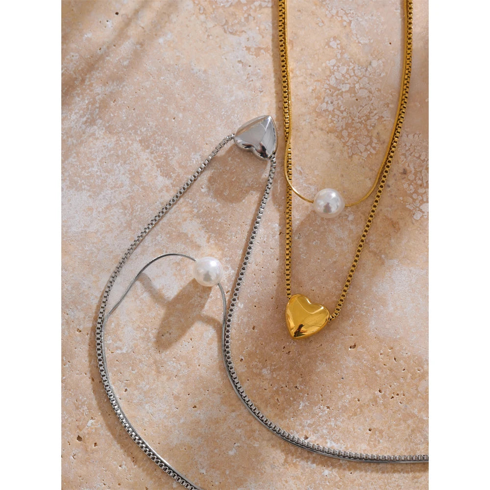 Yhpup Fashion Stainless Steel Double-Layer Chain Heart Imitation Pearl Pendant Stacking Necklace for Women Rust Proof Jewelry