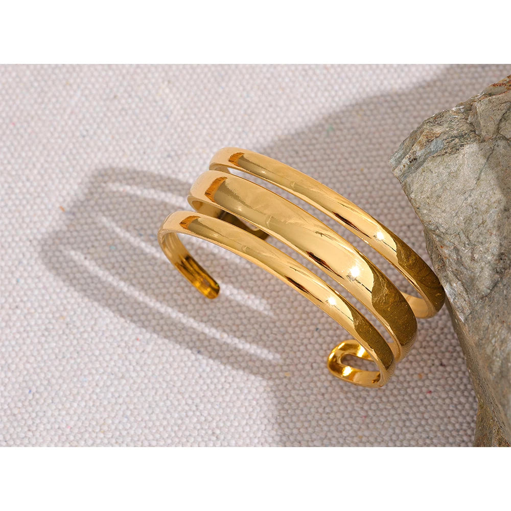 Yhpup Stainless Steel Statement Gold Color Cuff Bracelet Bangle Metal Texture Multi-Layer Temperament Fashion Waterproof Jewelry