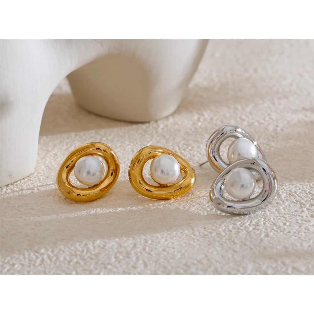 Yhpup Fashion Stainless Steel Simulated Pearls Hollow Oval Geometric Stud Earrings Prevent Allergy Metal Arrival Jewelry Daily