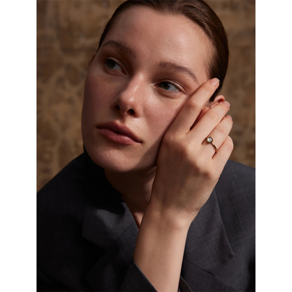 Yhpup Natural Shell Square Thin Fashion Ring 316L Stainless Steel Gold Color Charm Chic Jewelry 18K PVD Plated Waterproof