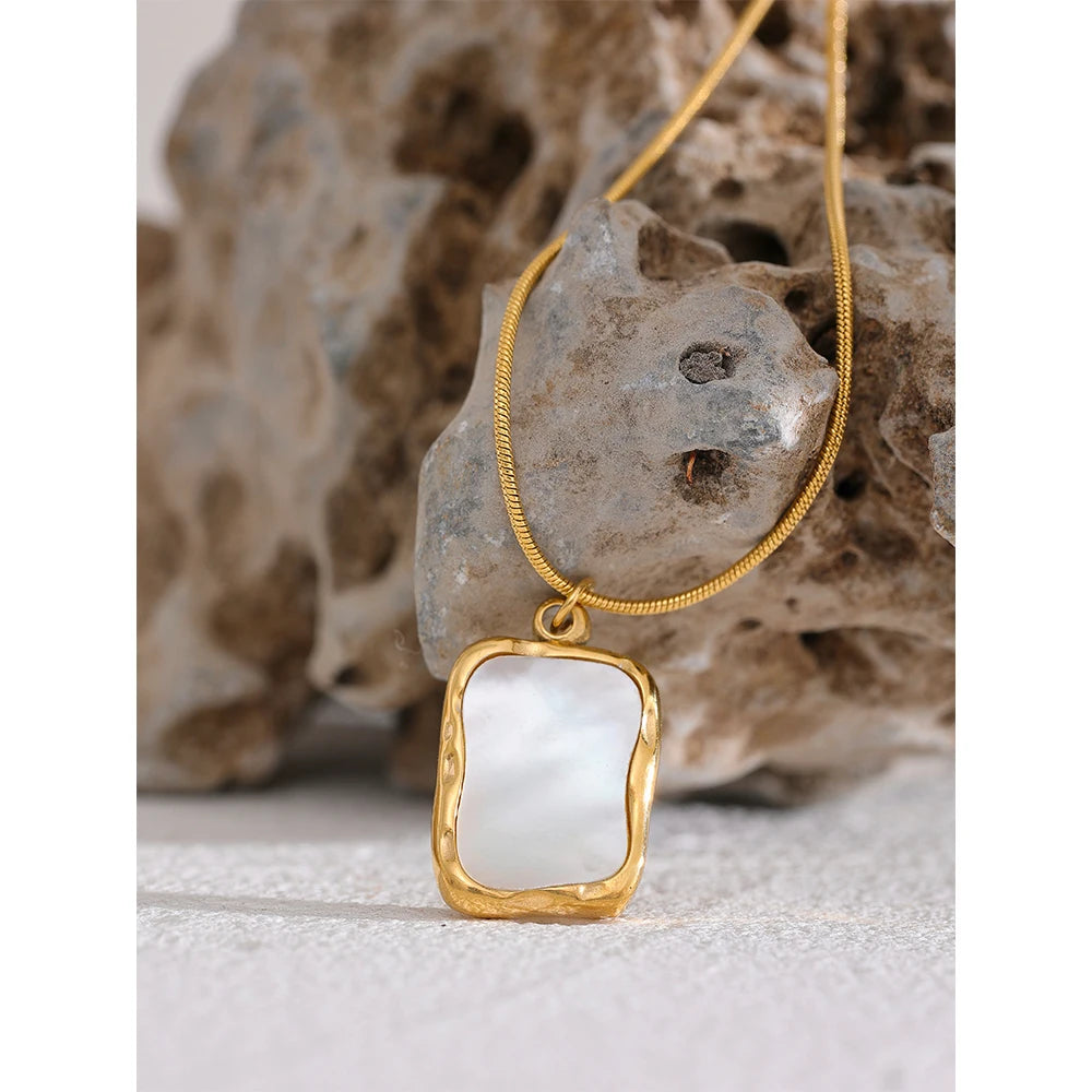 Yhpup Stainless Steel Shell Pendant Necklace Minimalist Chain Irregular Square Fashion Women Waterproof Jewelry Collier Femme
