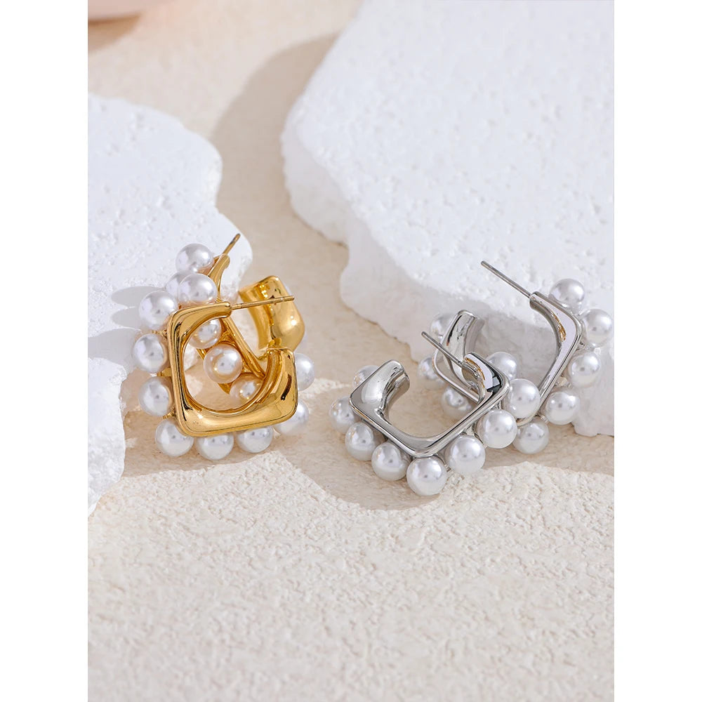 Yhpup Fashion Imitation Pearls 316L Stainless Steel Square Geometric Huggie Earrings Exquisite Korean Jewelry серьги тренд