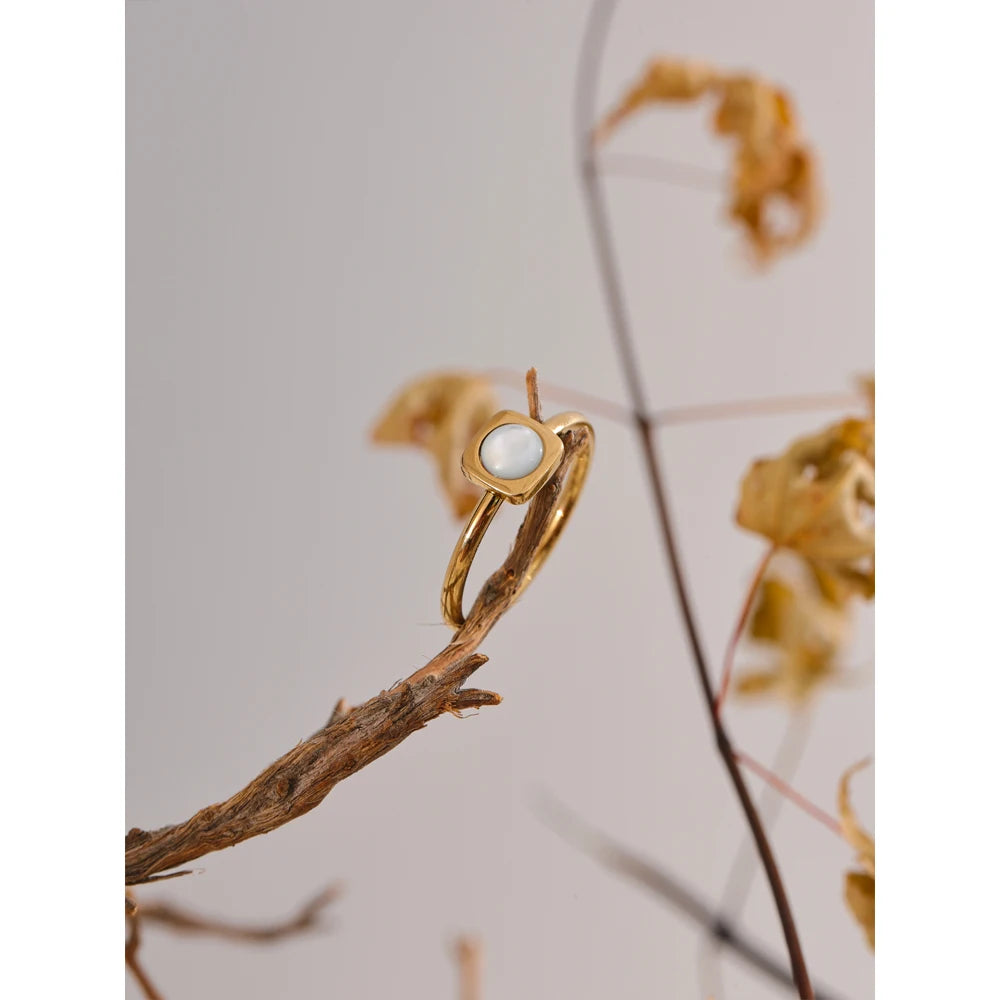 Yhpup Natural Shell Square Thin Fashion Ring 316L Stainless Steel Gold Color Charm Chic Jewelry 18K PVD Plated Waterproof