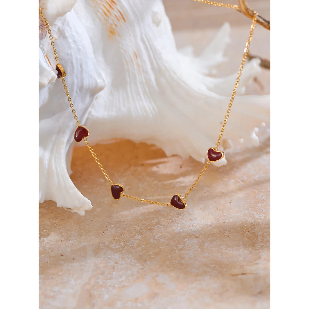 Yhpup Color Ancora Ankela Red Enamel Heart Love Chic Chain Necklace Women Stainless Steel Jewelry Valentine's Gift