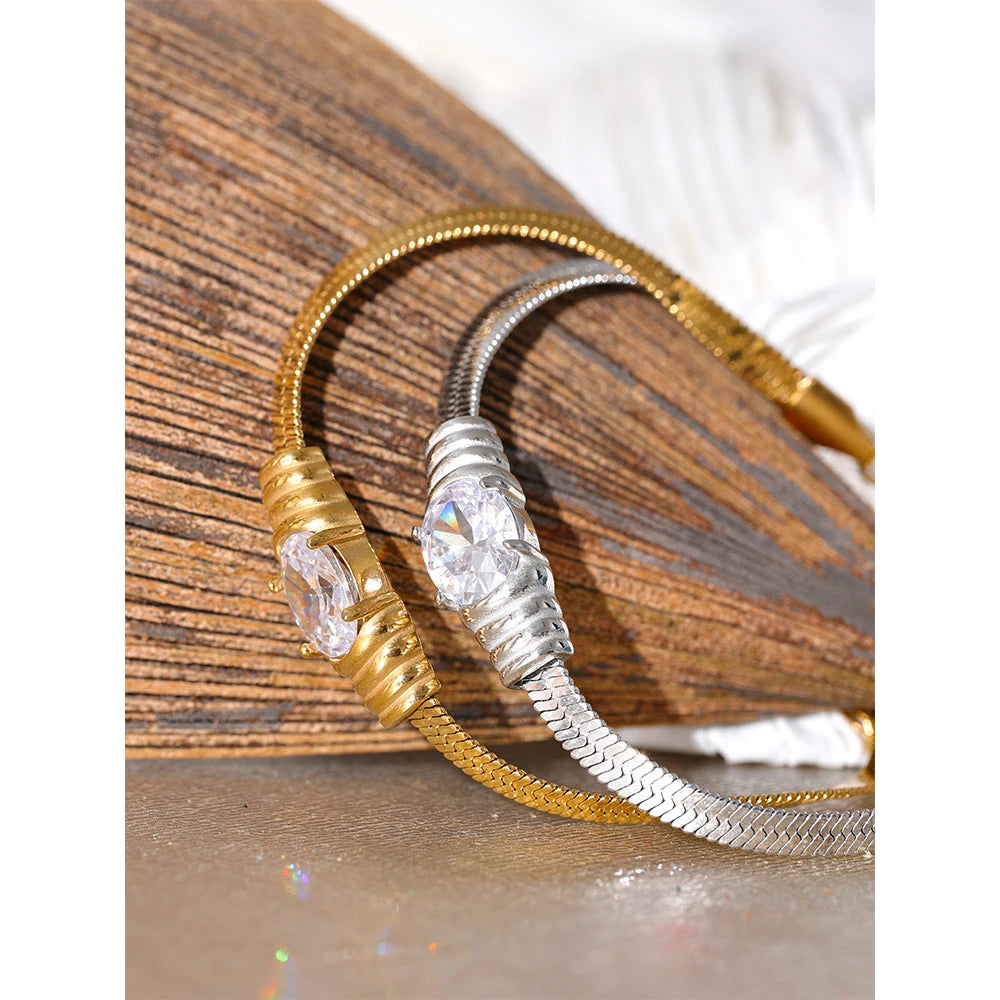 Yhpup Fashion Bling Texture Cubic Zirconia Snake Chain Stainless Steel Bracelet Bangle for Women PVD Gold Color Trendy Jewelry