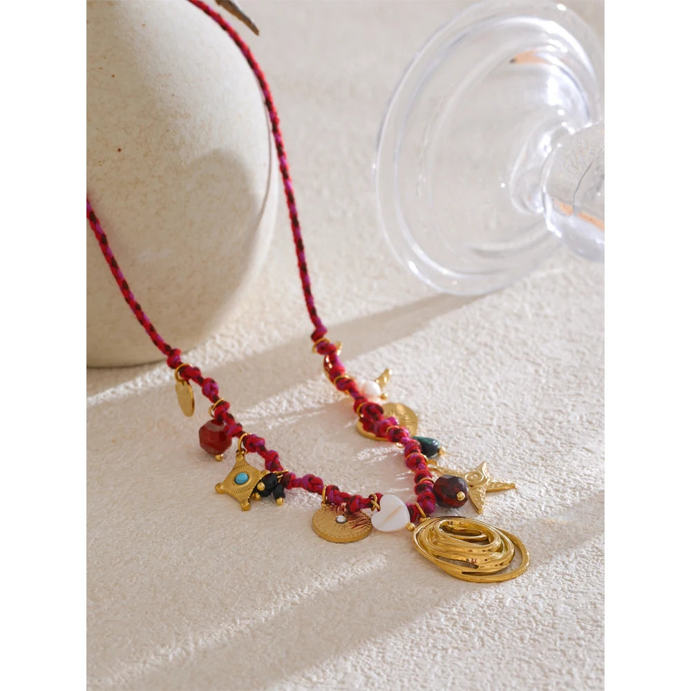 Yhpup Fashion Rope Braided Handmade Necklace Drop Natural Stone Moon Star Stainless Steel Accessories Popular Jewelry