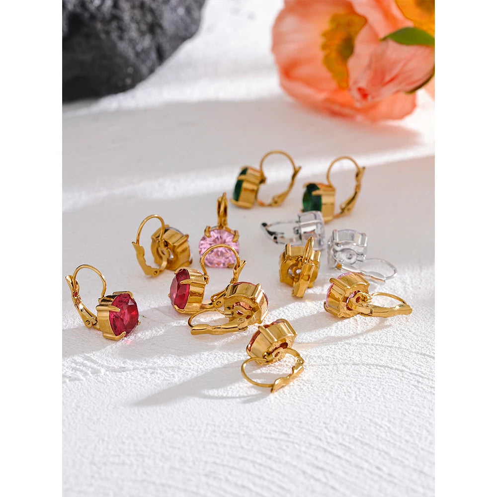 Yhpup Luxury Colorful Shiny AAA Cubic Zirconia Stainless Steel Round Ear Clasp Hoop Earrings Wedding Party Gift Delicate Jewelry