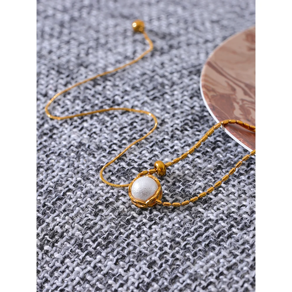 Yhpup Stainless Steel Imitation Pearl Korean Style Chain Necklace Water Resistant Personalized Fashion Neck Pendant Jewelry