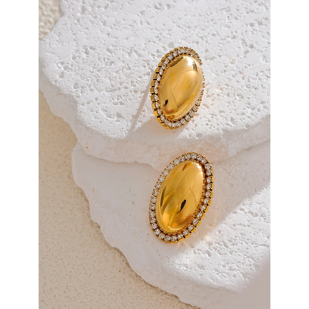 Yhpup Shiny Cubic Zirconia Smooth Metal Oval Stud Earrings 316L Stainless Steel Fashion Jewelry Prevent Allergy