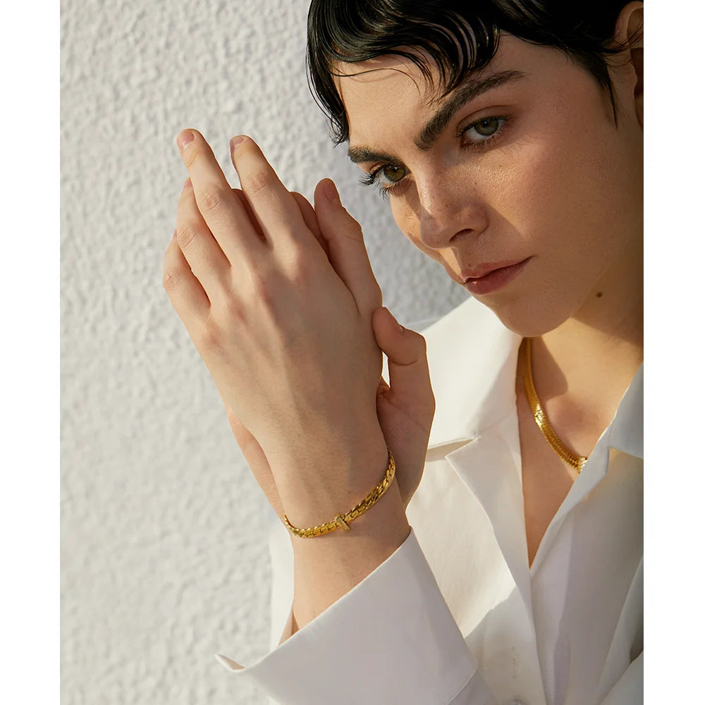 Yhpup High Quality 18K Gold Plated Cuban Chain Stainless Steel Bracelet Bangle Zircon Statement Chic Fashion Waterproof Jewelry