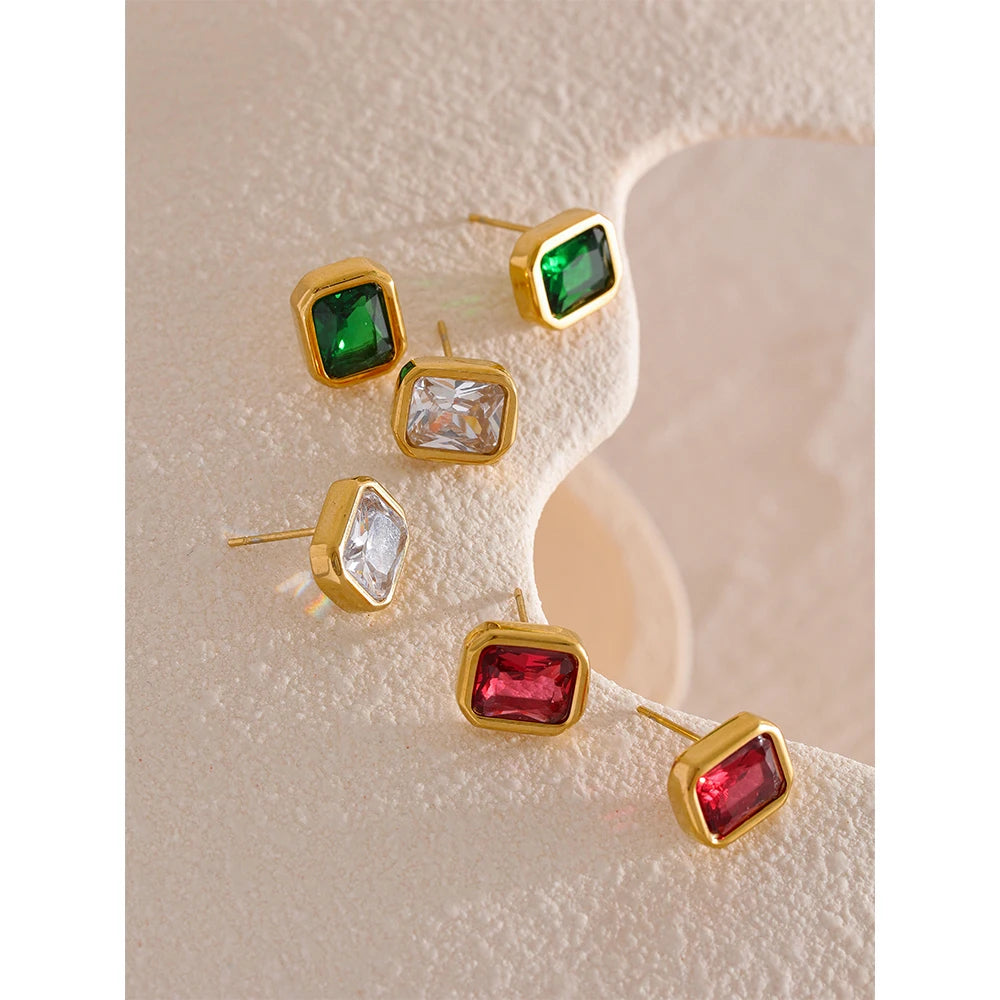 Yhpup Square Geometric White Green Cubic Zirconia CZ Bling Stud Earrings Stainess Steel Waterproof Charm Women Basic Jewelry
