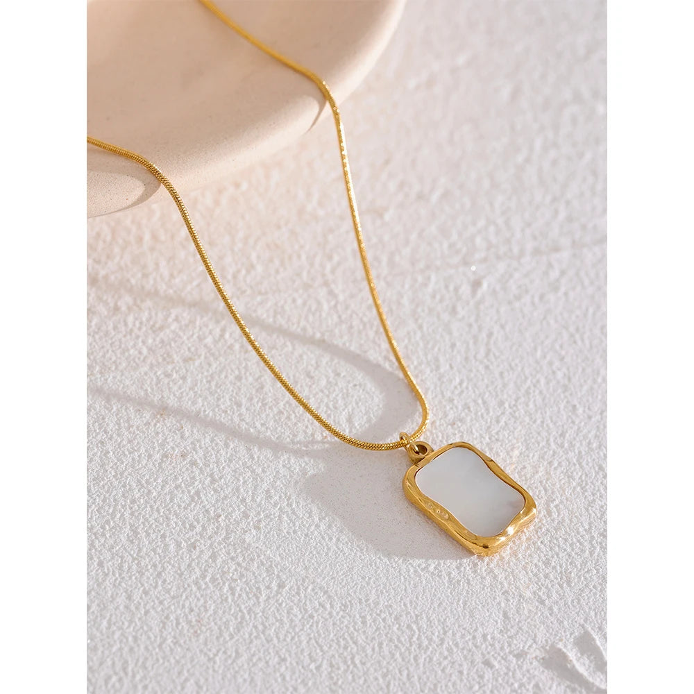 Yhpup Stainless Steel Shell Pendant Necklace Minimalist Chain Irregular Square Fashion Women Waterproof Jewelry Collier Femme