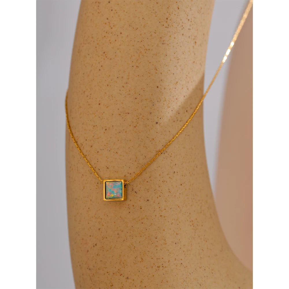 Yhpup Delicate Stainless Steel Square Natural Opal Stone Pendant Necklace Chain Stylish Dainty Golden Collar Chic Jewelry Gift
