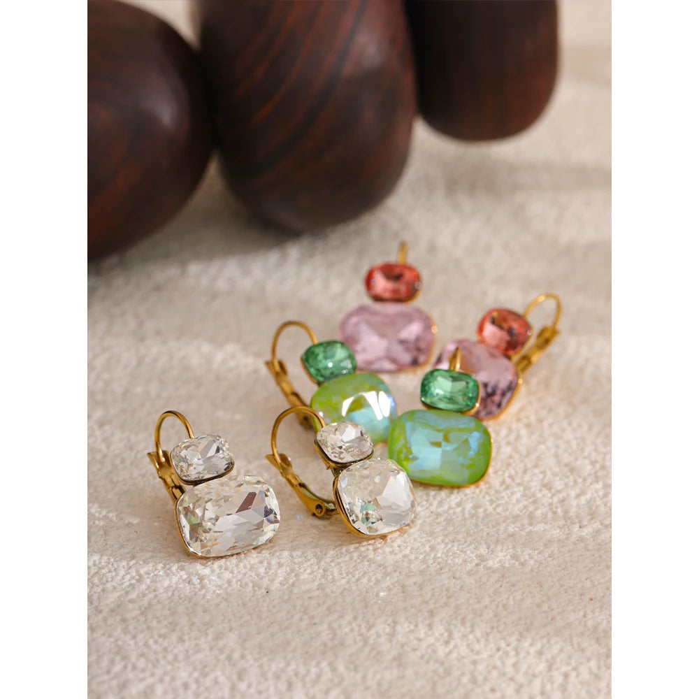 Yhpup Fashion Crystal Candy Stud Earrings French Hoops Trendy White Green Pink Y2K Summer Jewelry for Women 18k PVD Plated