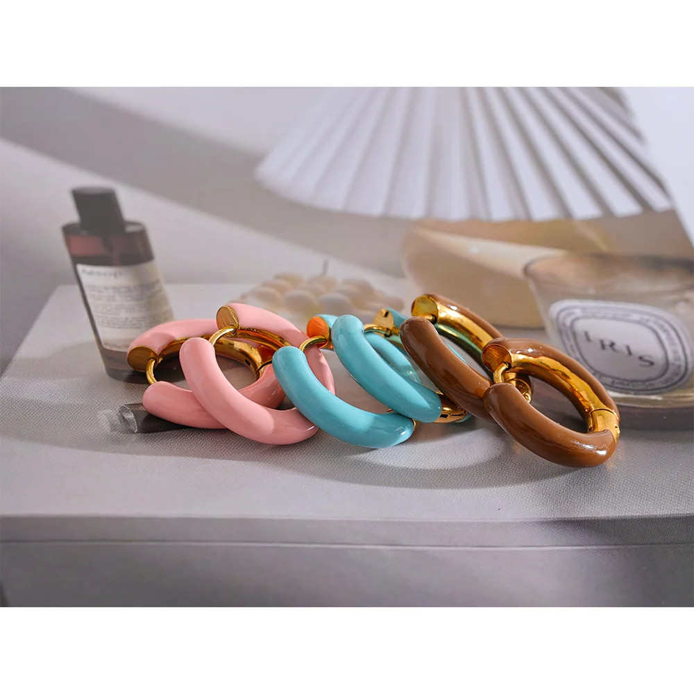 Yhpup 20mm Candy Color Blue Pink Brown Enamel Stainless Steel Hollow Hoop Earrings Golden Simple Trendy Y2K Sweet Jewelry Gift