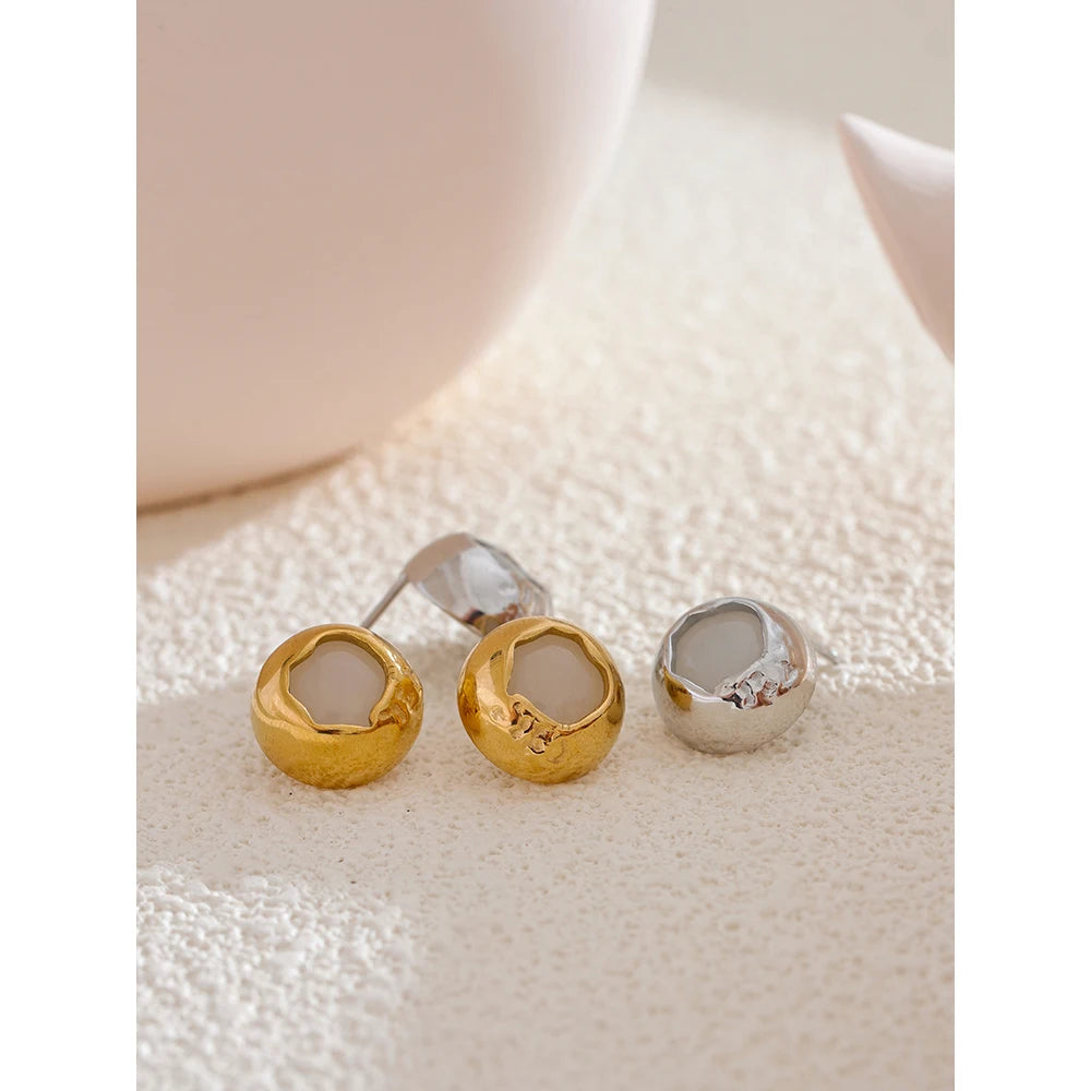 Yhpup Exquisite Natural Stone Stainless Steel Round Fashion Stud Earrings High Quality Stylish Versatile Daily Jewelry for Women