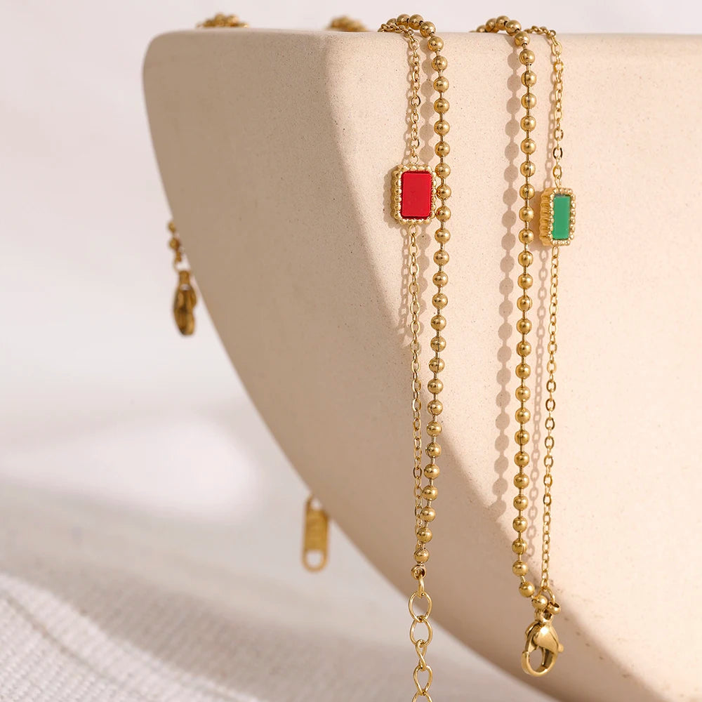 Yhpup Double Chain Green Red Square Acrylic Stainless Steel Bracelet Bangle Charm Gold Color Trendy Fashion Korean Jewelry Women