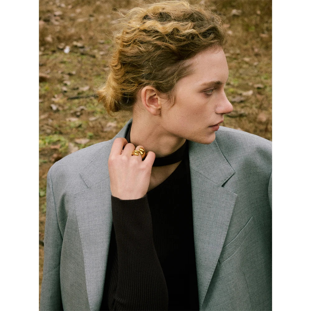Yhpup 678# New Irregular Stainless Steel Golden Ring for Women Stylish Unique Texture Metal Distinctive Finger Jewelry Gift