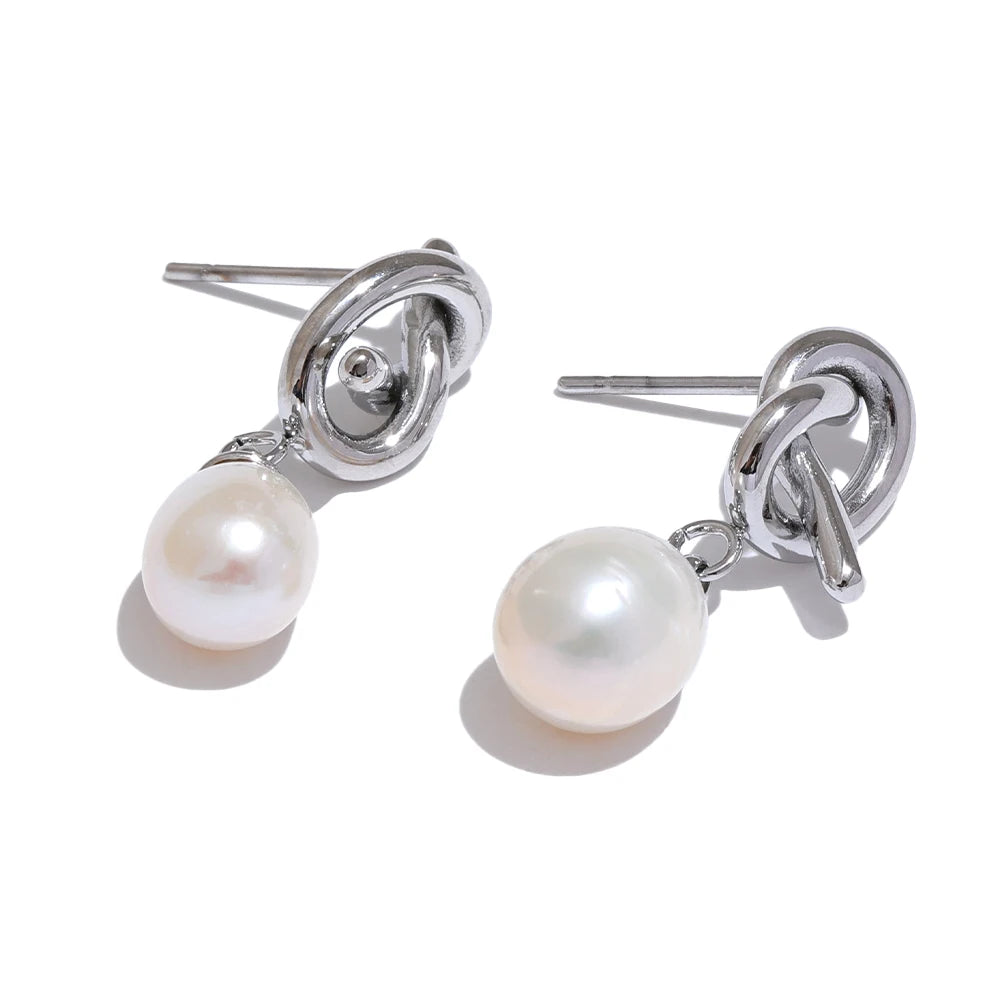 Yhpup Luxury Natural Freshwater Pearl Knot Drop Earrings Trendy Stainless Steel Exquisite High Quality Versatile Jewelry Gift